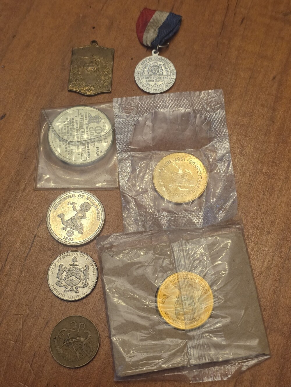 Source Unknown Vintage Mixed Medals and Coins Set with Red, White, Blue Ribbon